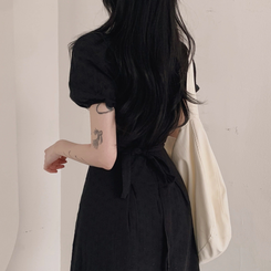 ロングワンピース フラワー半袖パフロングワンピース BLACK