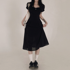 ロングワンピース フラワー半袖パフロングワンピース BLACK