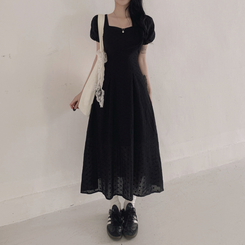 ロングワンピース フラワー半袖パフロングワンピース BLACK
