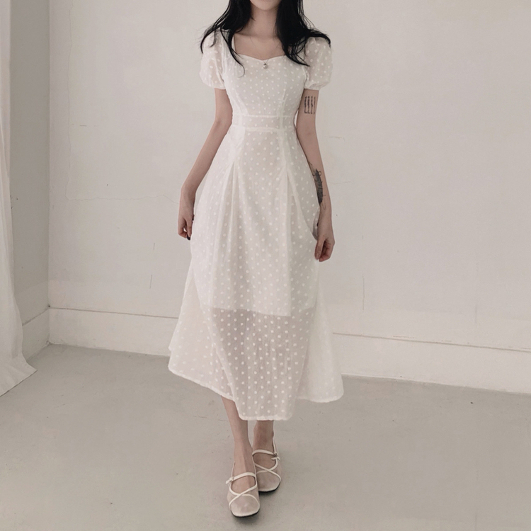 フラワー半袖パフロングワンピース IVORY