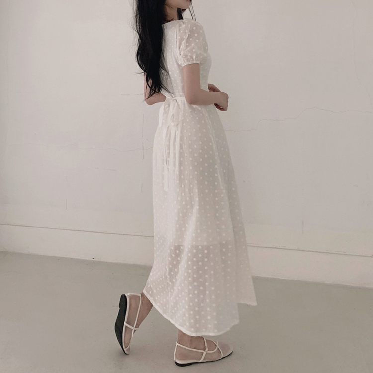 フラワー半袖パフロングワンピース IVORY