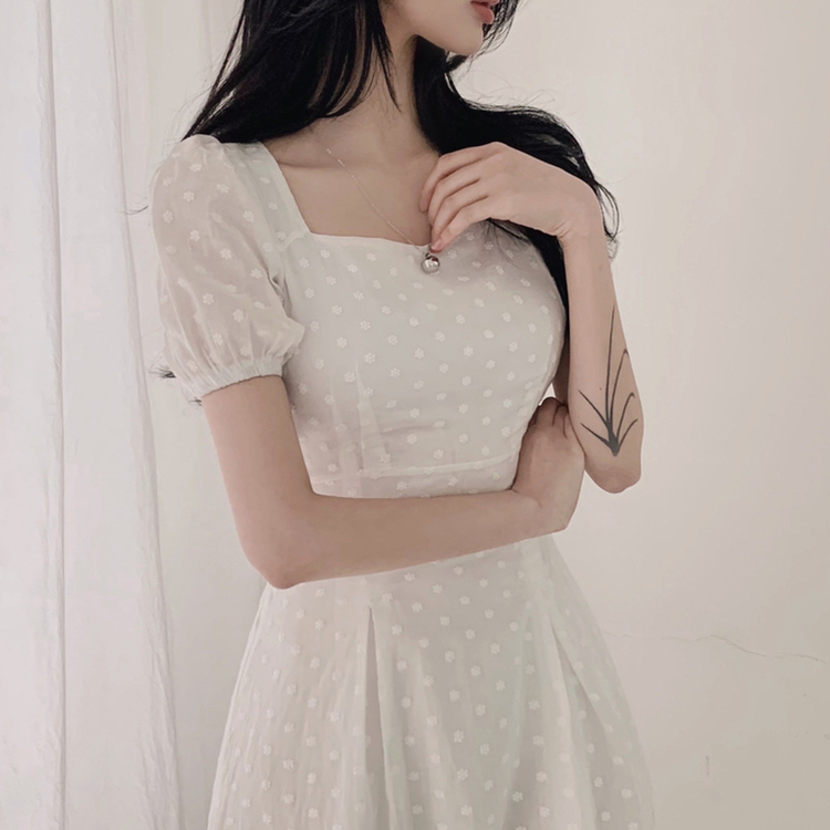 フラワー半袖パフロングワンピース IVORY