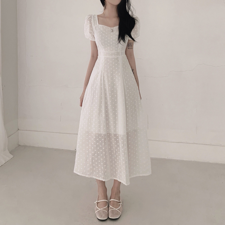 フラワー半袖パフロングワンピース IVORY