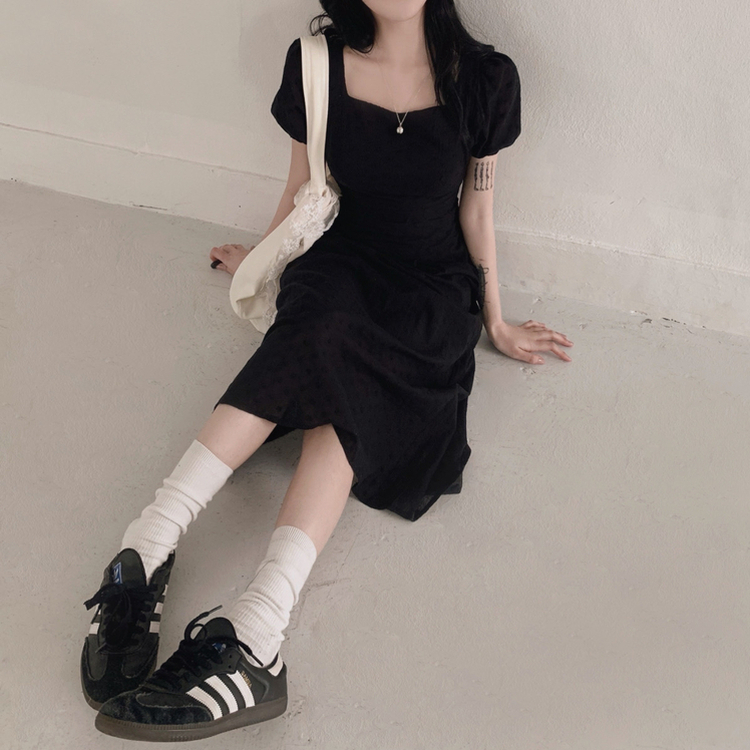 フラワー半袖パフロングワンピース BLACK