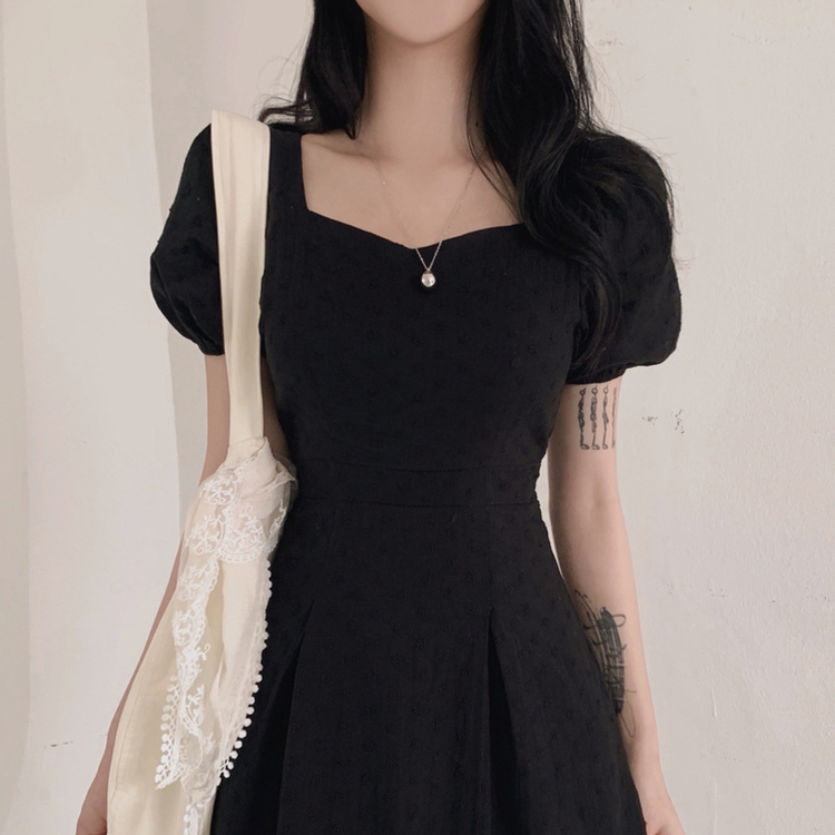 フラワー半袖パフロングワンピース BLACK