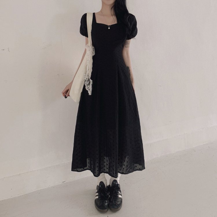 フラワー半袖パフロングワンピース BLACK