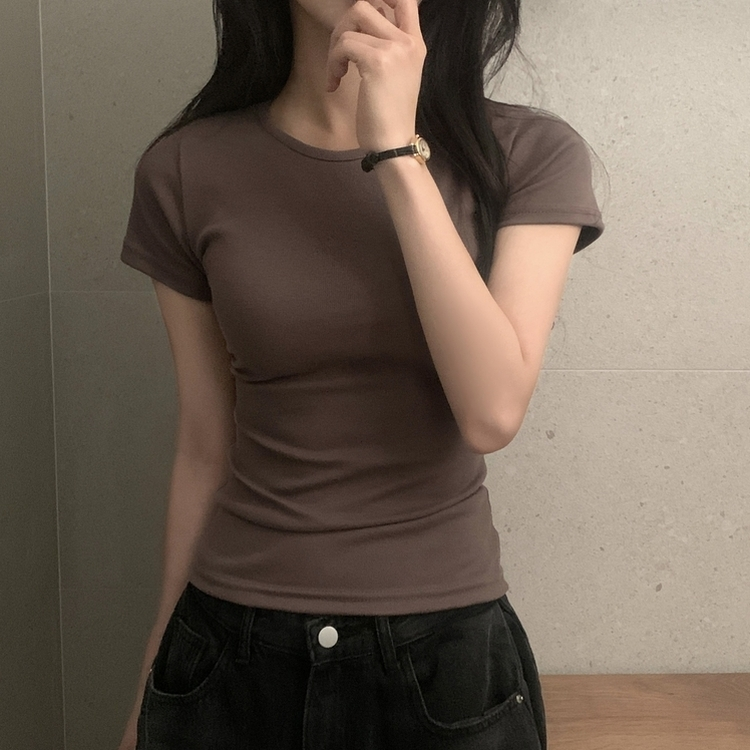 실루엣 만점 사이드 셔링 브이넥라운드 반팔티셔츠 6color 브라운