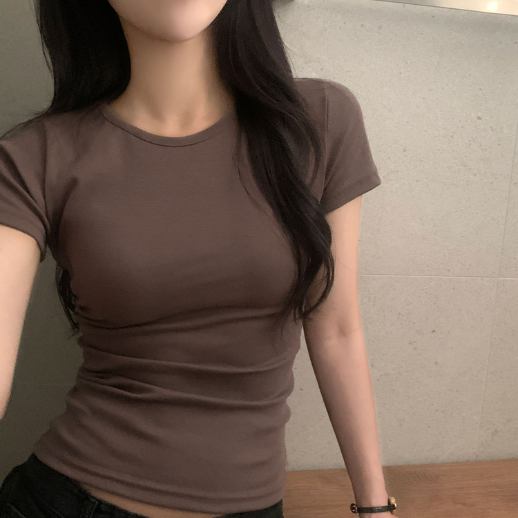 실루엣 만점 사이드 셔링 브이넥라운드 반팔티셔츠 6color 브라운