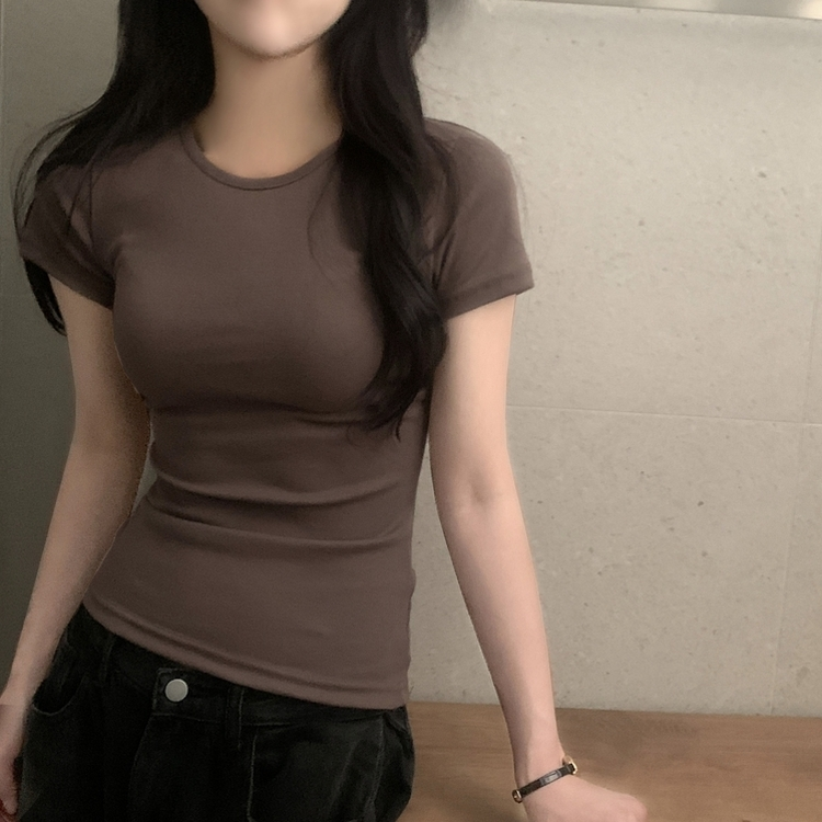 실루엣 만점 사이드 셔링 브이넥라운드 반팔티셔츠 6color 브라운