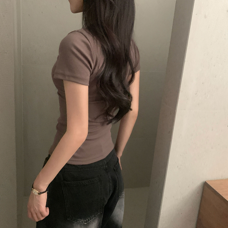 실루엣 만점 사이드 셔링 브이넥라운드 반팔티셔츠 6color 브라운