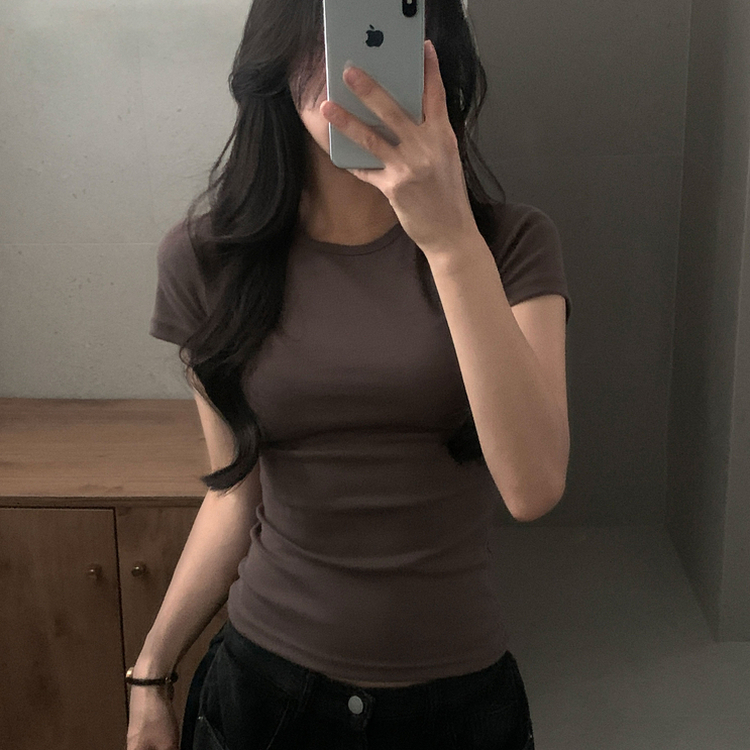 실루엣 만점 사이드 셔링 브이넥라운드 반팔티셔츠 6color 브라운