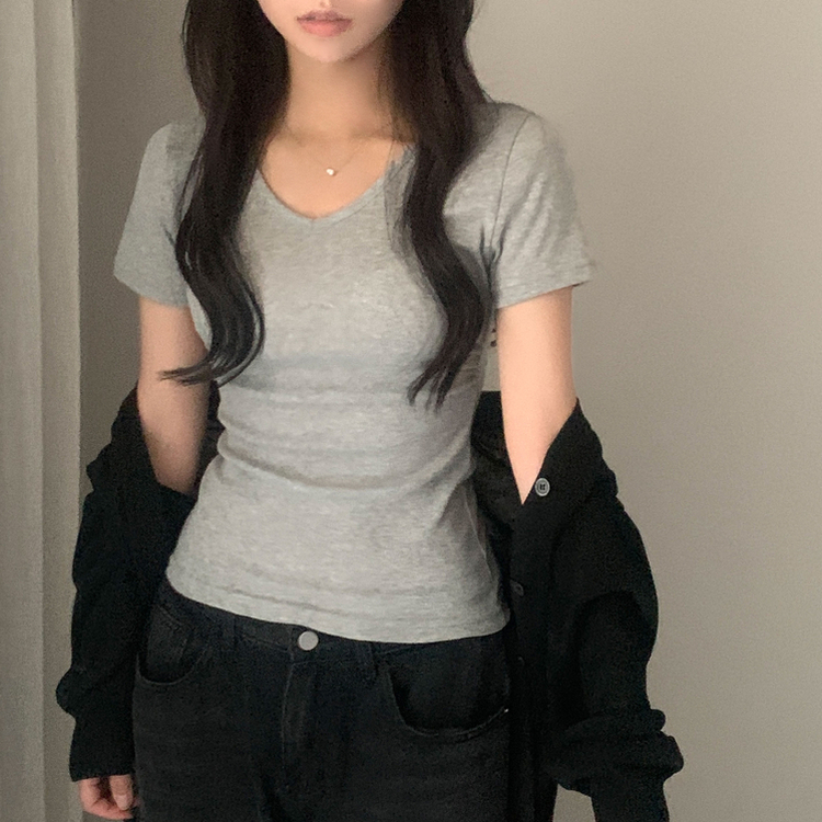 실루엣 만점 사이드 셔링 브이넥라운드 반팔티셔츠 6color 멜란지그레이