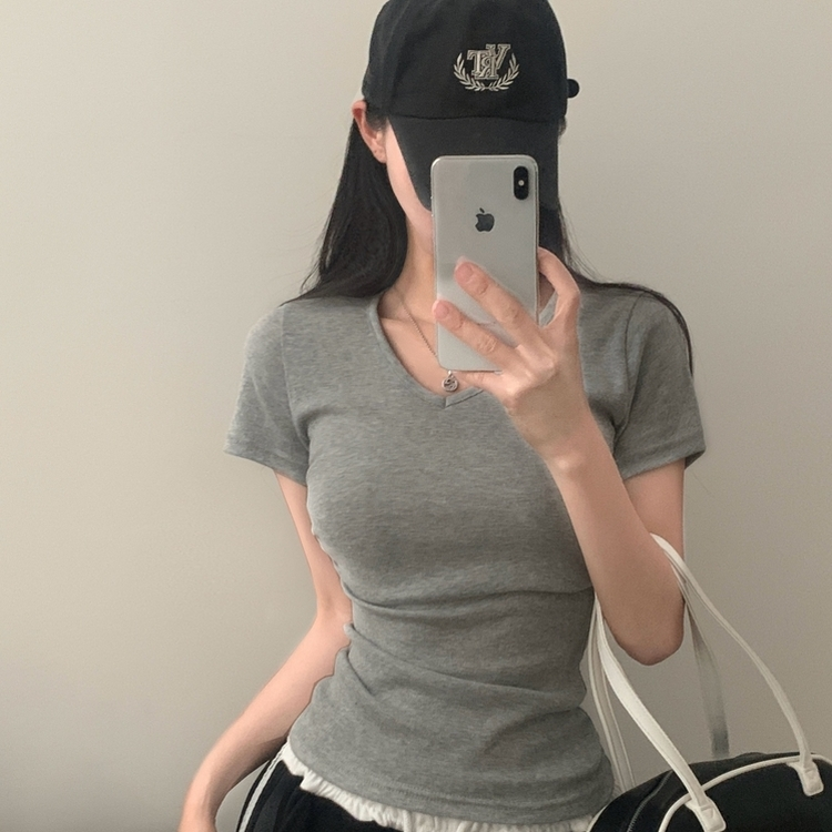 실루엣 만점 사이드 셔링 브이넥라운드 반팔티셔츠 6color 멜란지그레이