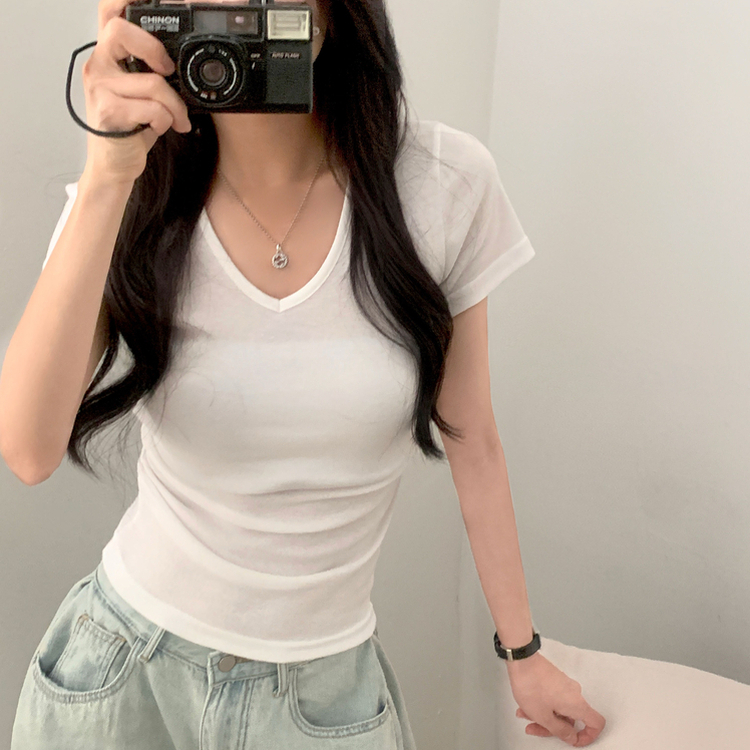 실루엣 만점 사이드 셔링 브이넥라운드 반팔티셔츠 6color 아이보리