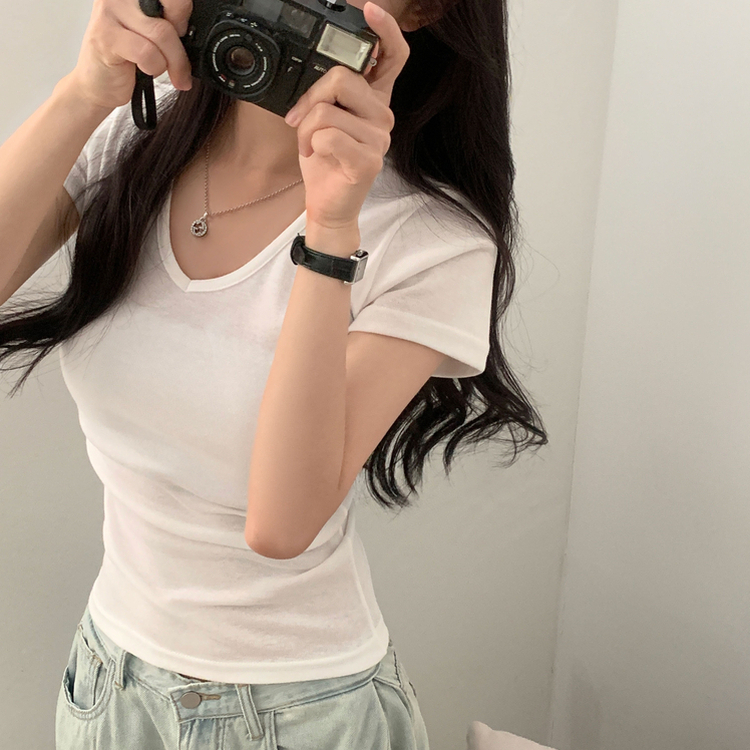 실루엣 만점 사이드 셔링 브이넥라운드 반팔티셔츠 6color 아이보리