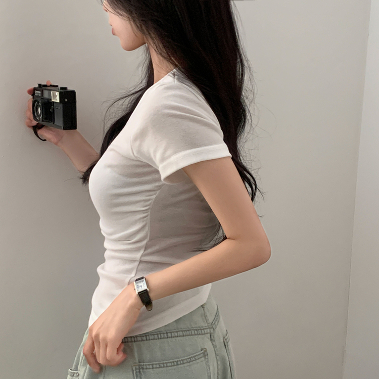 실루엣 만점 사이드 셔링 브이넥라운드 반팔티셔츠 6color 아이보리