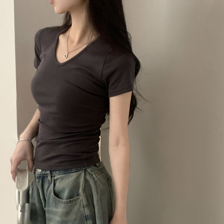 실루엣 만점 사이드 셔링 브이넥라운드 반팔티셔츠 6color 차콜