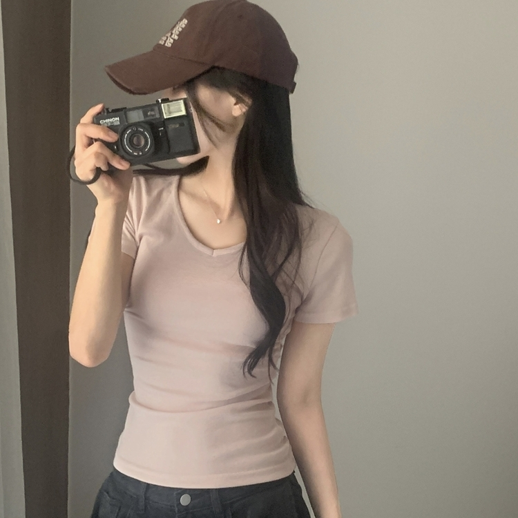 실루엣 만점 사이드 셔링 브이넥라운드 반팔티셔츠 6color 핑크
