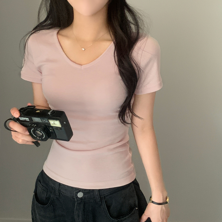 실루엣 만점 사이드 셔링 브이넥라운드 반팔티셔츠 6color 핑크