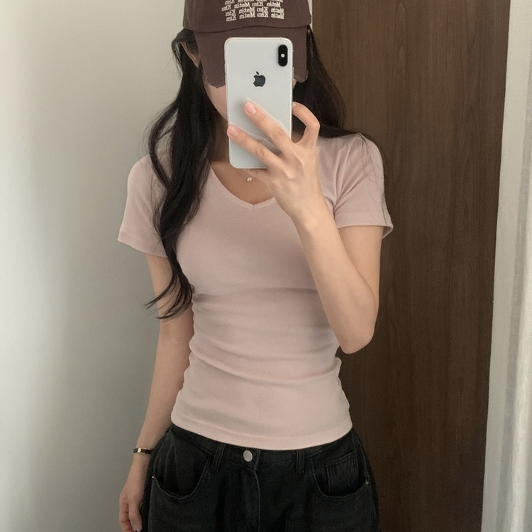 실루엣 만점 사이드 셔링 브이넥라운드 반팔티셔츠 6color 핑크