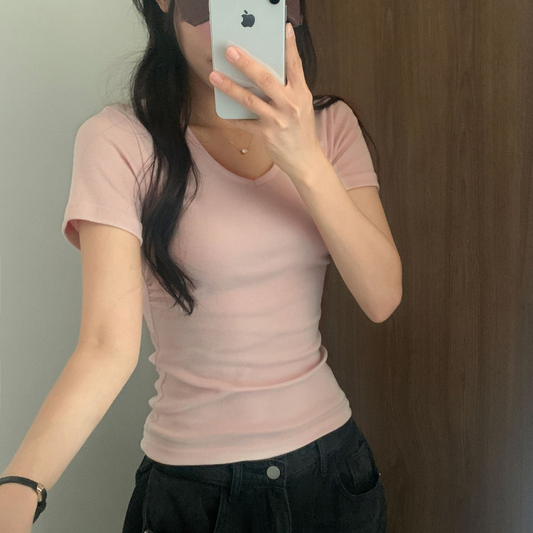 실루엣 만점 사이드 셔링 브이넥라운드 반팔티셔츠 6color 핑크