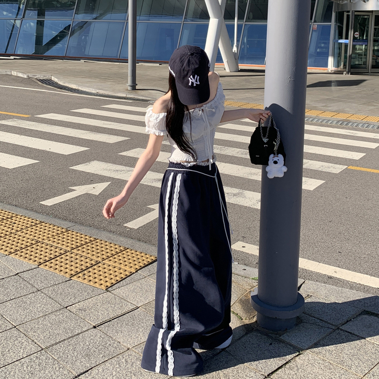リボンレースラインワイドトレーニングパンツ NAVY