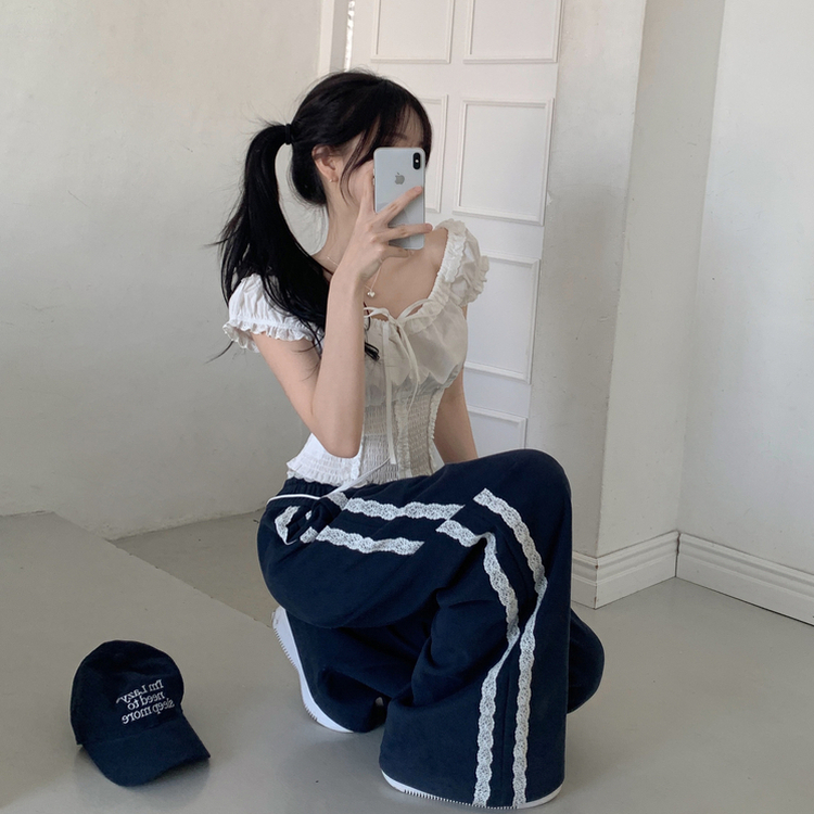 リボンレースラインワイドトレーニングパンツ NAVY