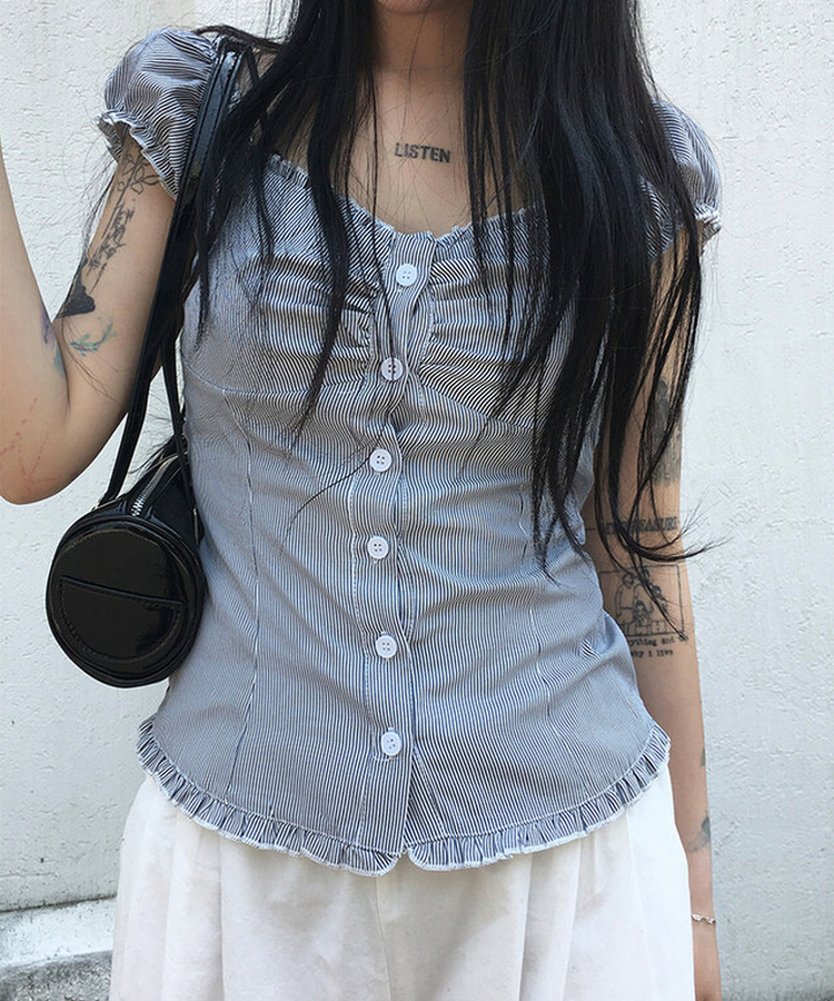 ストライプシャーリングブラウス BLUE