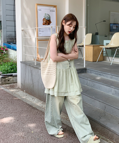 ブラウス フリルノースリーブロングブラウス LIGHT GREEN