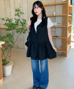ブラウス フリルノースリーブロングブラウス BLACK