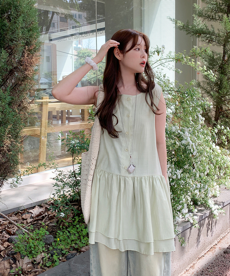 フリルノースリーブロングブラウス LIGHT GREEN