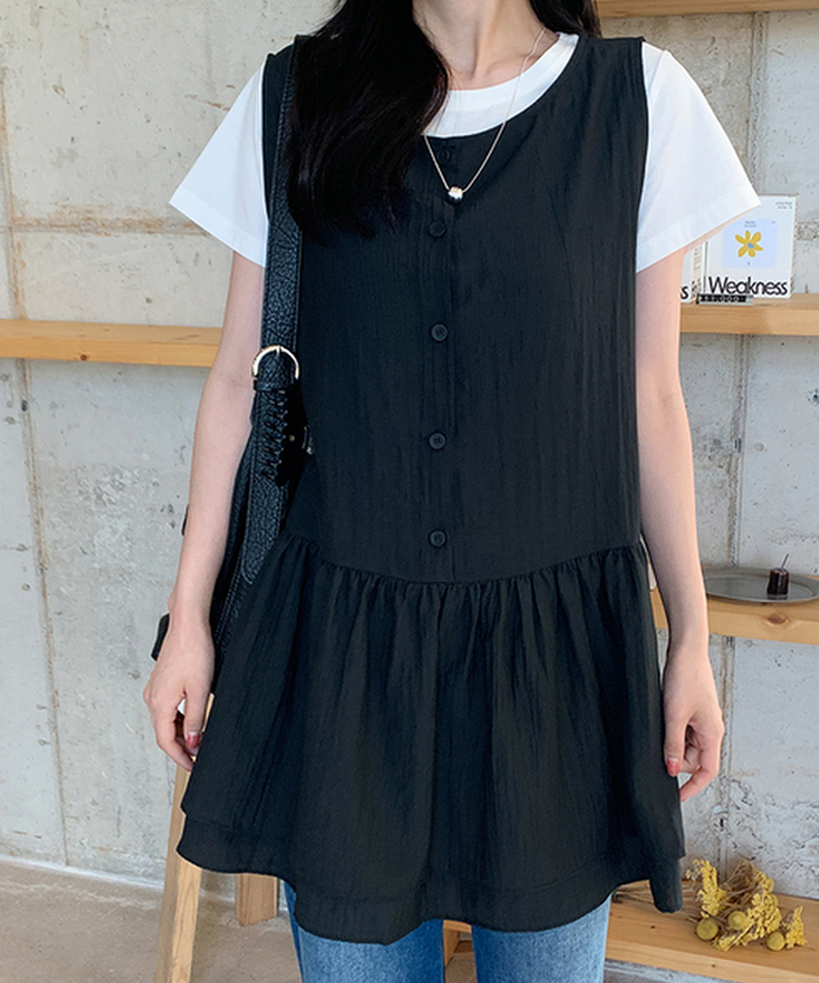 フリルノースリーブロングブラウス BLACK