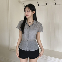 [말라보이는 핏]썸머 러블리 코튼 셔링 퍼프 반팔 카라 셔츠 3color 화이트