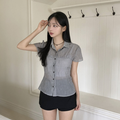[말라보이는 핏]썸머 러블리 코튼 셔링 퍼프 반팔 카라 셔츠 3color 화이트
