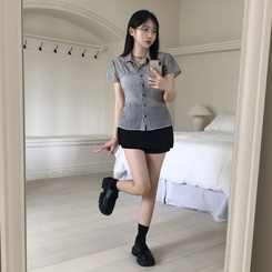 [말라보이는 핏]썸머 러블리 코튼 셔링 퍼프 반팔 카라 셔츠 3color 화이트