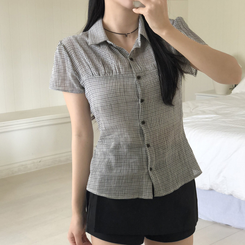 [말라보이는 핏]썸머 러블리 코튼 셔링 퍼프 반팔 카라 셔츠 3color 화이트
