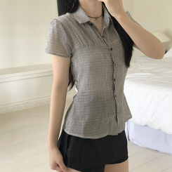 [말라보이는 핏]썸머 러블리 코튼 셔링 퍼프 반팔 카라 셔츠 3color 화이트
