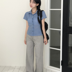 [말라보이는 핏]썸머 러블리 코튼 셔링 퍼프 반팔 카라 셔츠 3color 블루