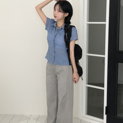 [말라보이는 핏]썸머 러블리 코튼 셔링 퍼프 반팔 카라 셔츠 3color 블루