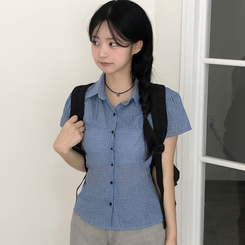 [말라보이는 핏]썸머 러블리 코튼 셔링 퍼프 반팔 카라 셔츠 3color 블루