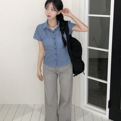 [말라보이는 핏]썸머 러블리 코튼 셔링 퍼프 반팔 카라 셔츠 3color 블루