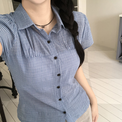 [말라보이는 핏]썸머 러블리 코튼 셔링 퍼프 반팔 카라 셔츠 3color 블루