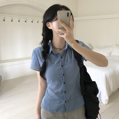 [말라보이는 핏]썸머 러블리 코튼 셔링 퍼프 반팔 카라 셔츠 3color 블루