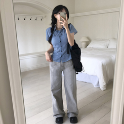 [말라보이는 핏]썸머 러블리 코튼 셔링 퍼프 반팔 카라 셔츠 3color 블루