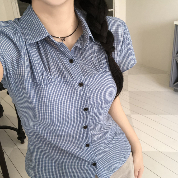 [말라보이는 핏]썸머 러블리 코튼 셔링 퍼프 반팔 카라 셔츠 3color 블루