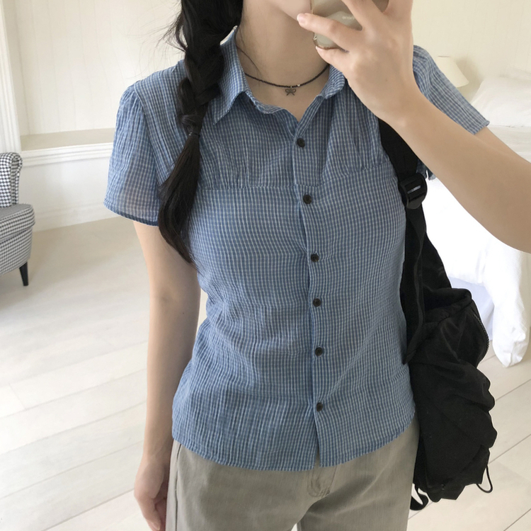 [말라보이는 핏]썸머 러블리 코튼 셔링 퍼프 반팔 카라 셔츠 3color 블루
