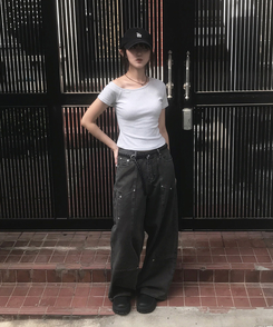 ワイド スリットカーフェンダーワイドコットンパンツ CHARCOAL