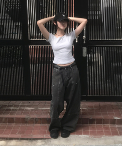 ワイド スリットカーフェンダーワイドコットンパンツ CHARCOAL