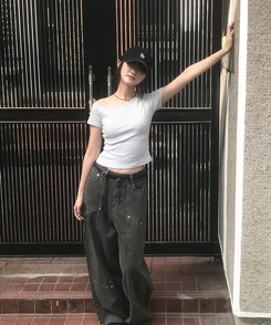 ワイド スリットカーフェンダーワイドコットンパンツ CHARCOAL