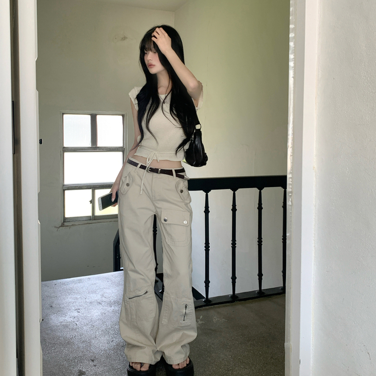 도프 빈티지 포켓 절개 로우웨스트 카고 세미 부츠컷 팬츠 샌드화이트